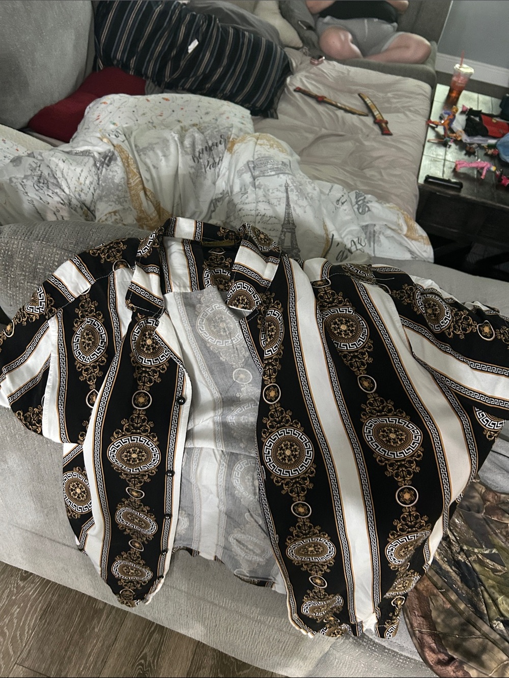 Men's Black & White Striped Casual Button-Down Shirt with Gold Medallion Print